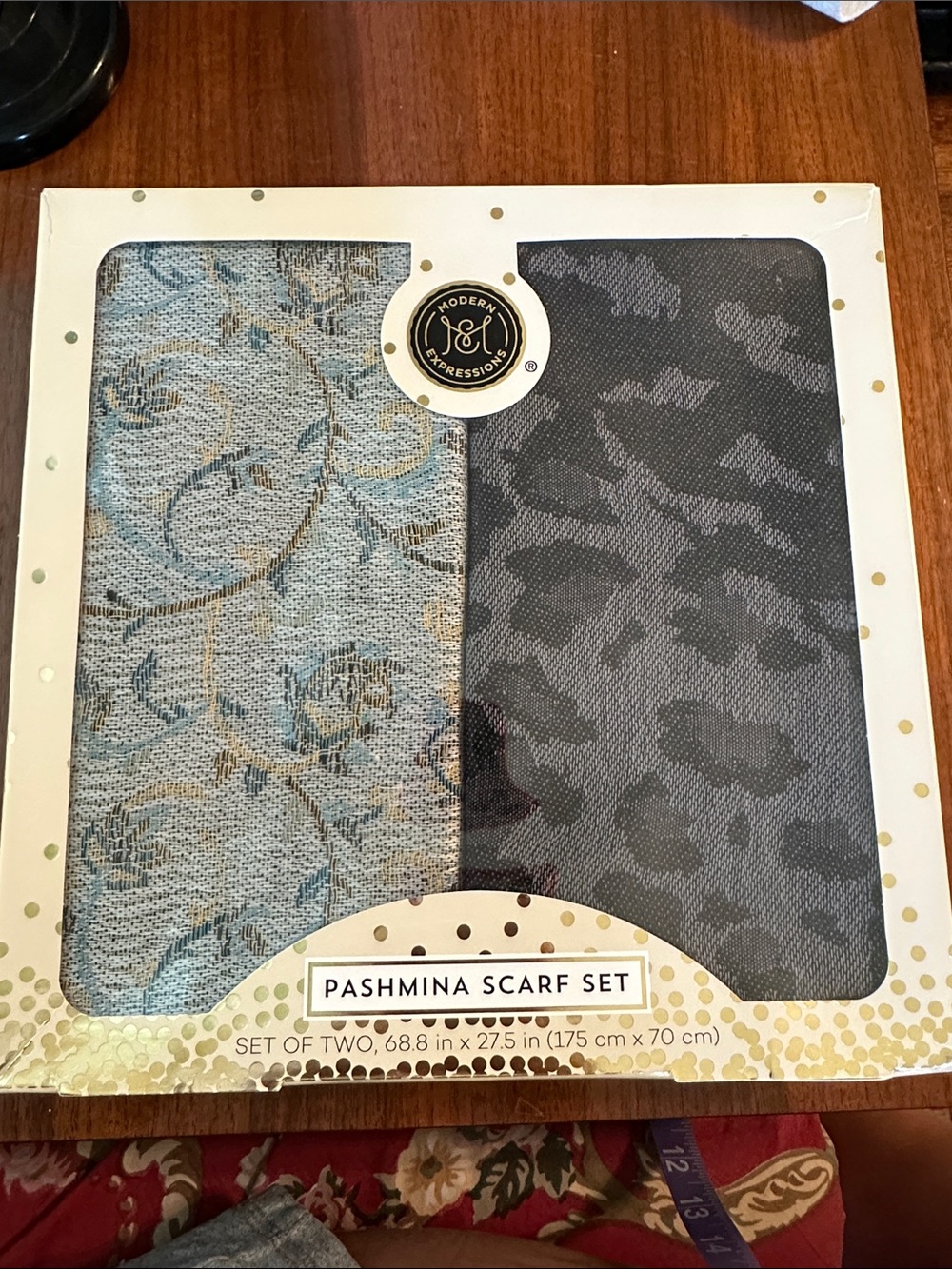 New in Box Pashmina Scarf Set - Light Blue Floral & Charcoal Gray